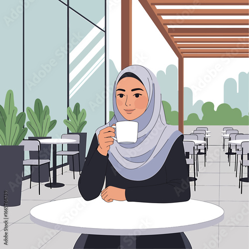 Woman in Hijab Enjoying a Hot Beverage at an Outdoor Cafe.