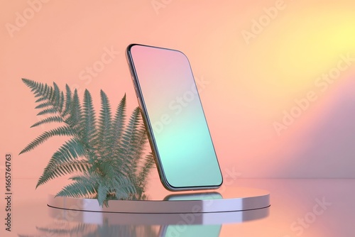 A modern smartphone rests on a circular platform, surrounded by pastel hues and a delicate fern, highlighting a sleek design and tranquil atmosphere.
