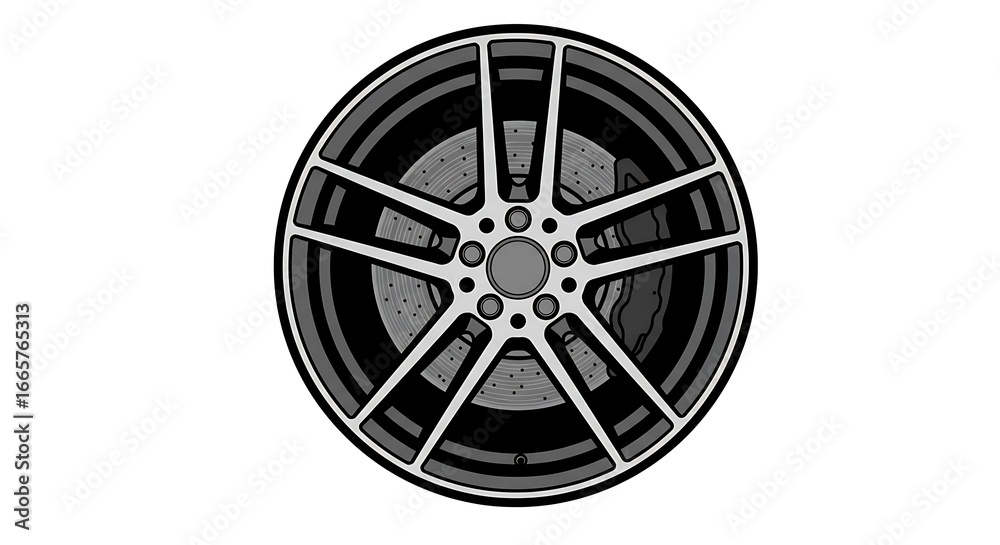 Obraz premium Detailed Vector Illustration of a Modern Car Alloy Wheel with Brake Discs