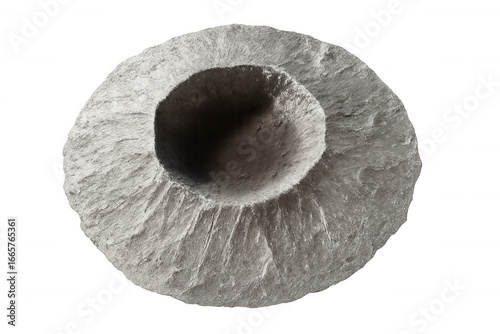 Lunar crater impacting moon surface, creating a deep cavity, isolated on transparent background
