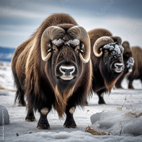 A pair of musk oxen march through the snow, their large horns and thick fur well-suited for the harsh Arctic environment.