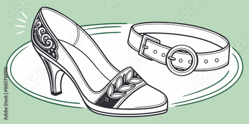 Fashion high heel with buckle strap displayed on green  background vector illustration.