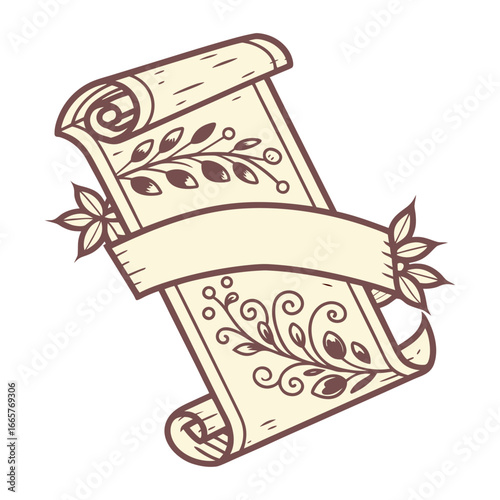 A scroll flag paper banner in a vintage retro woodcut style
