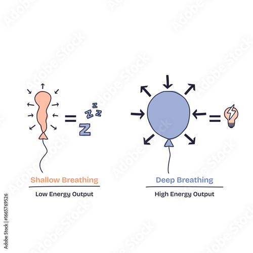 Lung function is shown by comparing shallow and deep breathing, using balloon shapes and energy icons, transparent background. Doodle style diagram