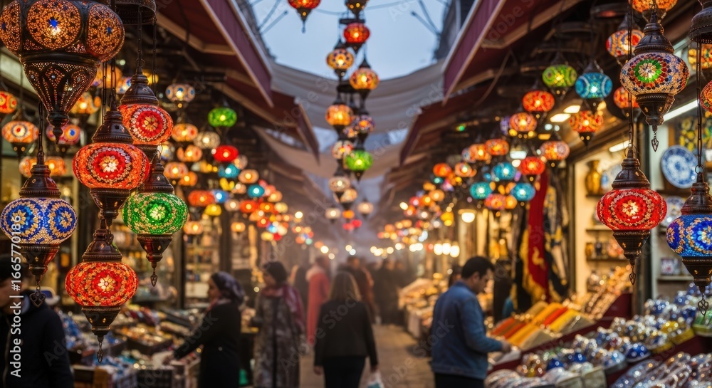 Naklejka premium Vibrant Grand Bazaar in Istanbul with Colorful Turkish Lamps