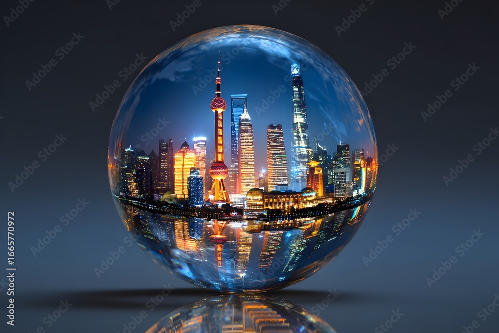 Fototapeta premium A glowing Earth globe with the city skyline of Shanghai, China, reflected on its surface, creating an atmosphere of global technology and prosperity. 