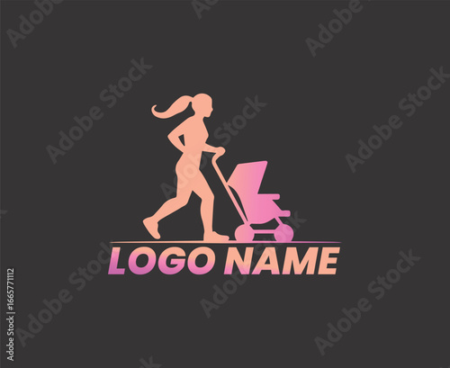 Fitness mom running with baby stroller logo design