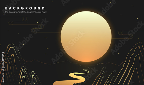 Linear style horizontal night background illustration of a full moon night