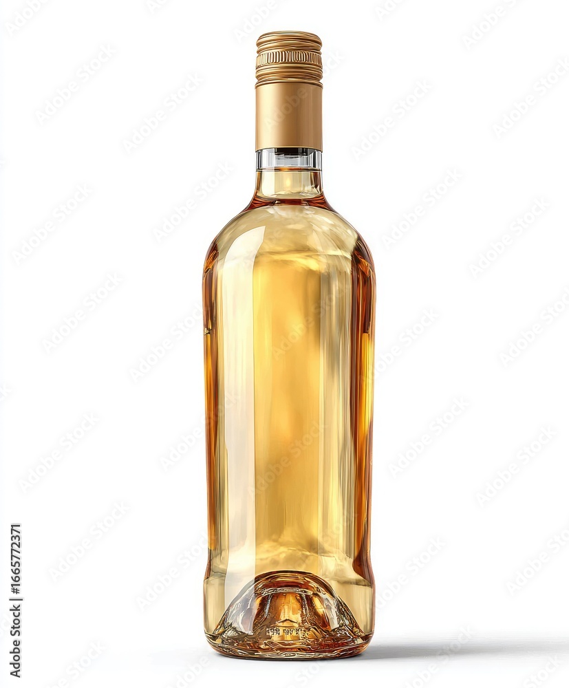 Fototapeta premium Clear glass bottle of pale yellow liquid, gold cap
