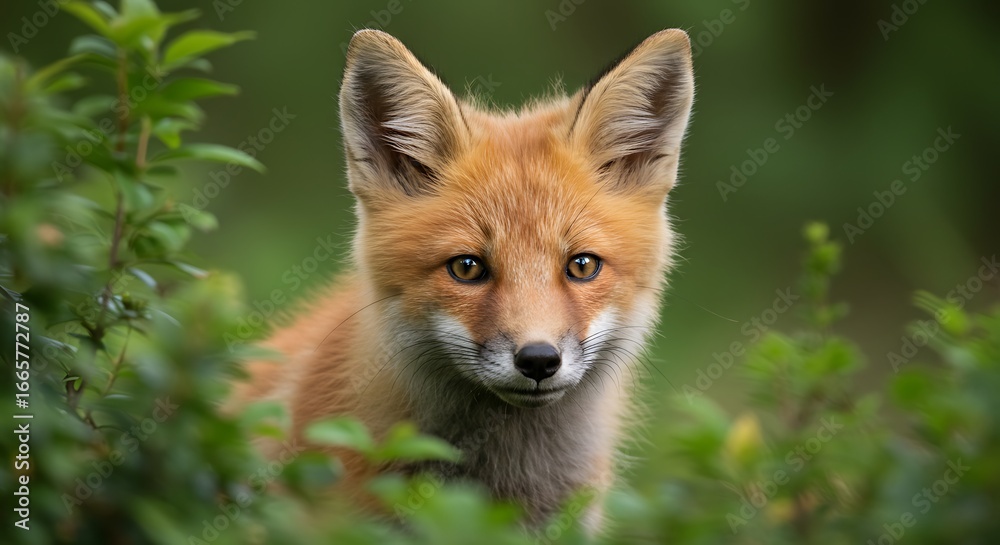 Fototapeta premium Intense Gaze: Red Fox Portrait Amidst Lush Greenery, Capturing Wild Beauty