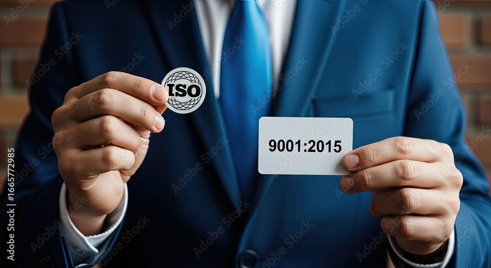 Fototapeta premium Businessman showcases ISO standards card alongside the 9001 2015 certification, wearing a formal blue suit