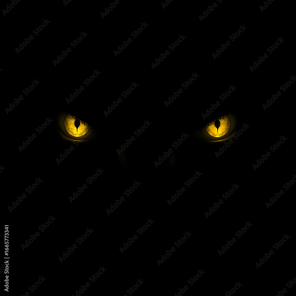 Fototapeta premium Glowing Yellow Eyes Piercing Through Black Darkness Mysterious Illustration