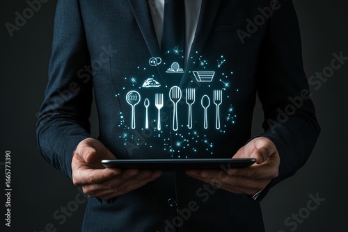 A Waiter Holding a Tablet with Food and Drinks