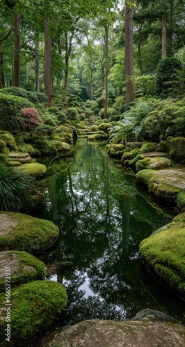 Serene, moss-covered stone path reflecting trees in a tranquil water feature. Lush green foliage lines the waterway, creating a peaceful garden scene