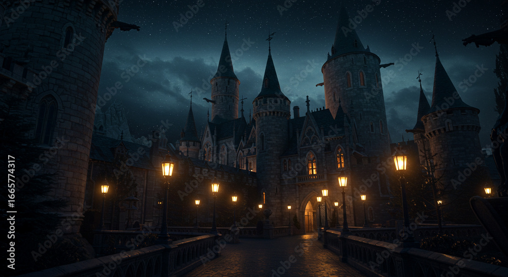 Fototapeta premium ダークファンタジー城の夜景 背景イラスト