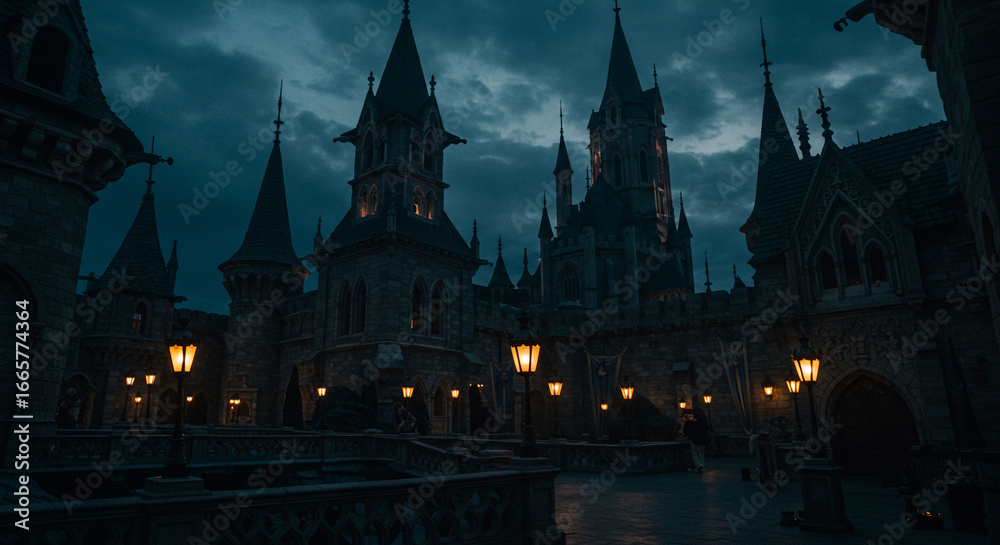 Obraz premium ダークファンタジー城の夜景 背景イラスト