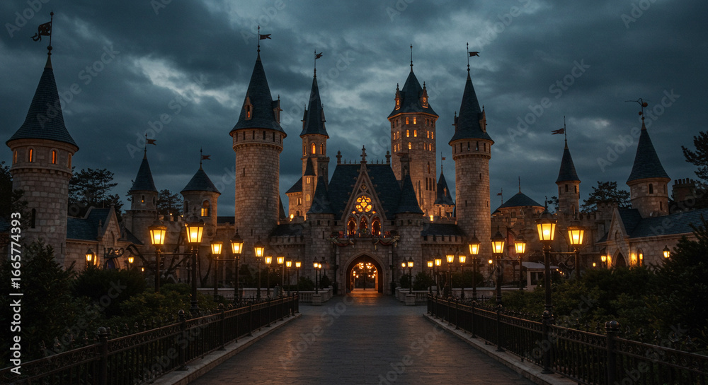 Naklejka premium ダークファンタジー城の夜景 背景イラスト、映画のような雰囲気