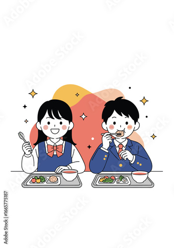 Happy students enjoying nutritious school lunch meals together with delicious food