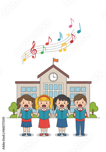 Children enjoy singing together outside their school building filled with musical notes
