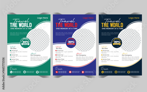Travel poster or flyer templates brochure design. layout in A4 with colorful bundle of 3 templates of different colors. Travel flyer template for travel agency. flier, poster, travel, vacation, bookle