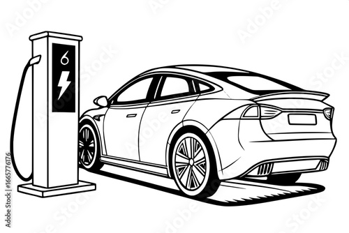 Iconic EV Charging Illustration – Monochrome silhouette of a sleek electric car, shown side-on, plugged into a rectangular charging station with a cable. Lightning bolt symbol on vehicle body. Minimal