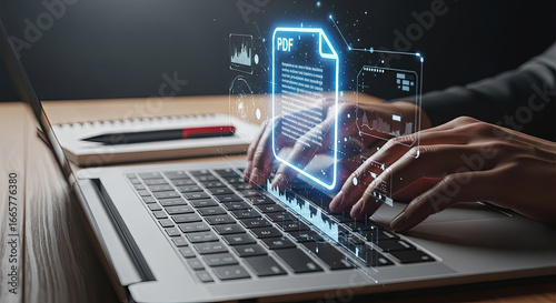 Hands type on laptop keyboard with glowing PDF document and chart overlays