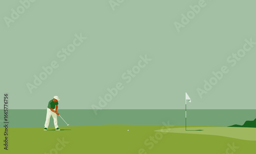Golfclub competition poster. Template for golf competition or championship event. Blue sky and green golf field.