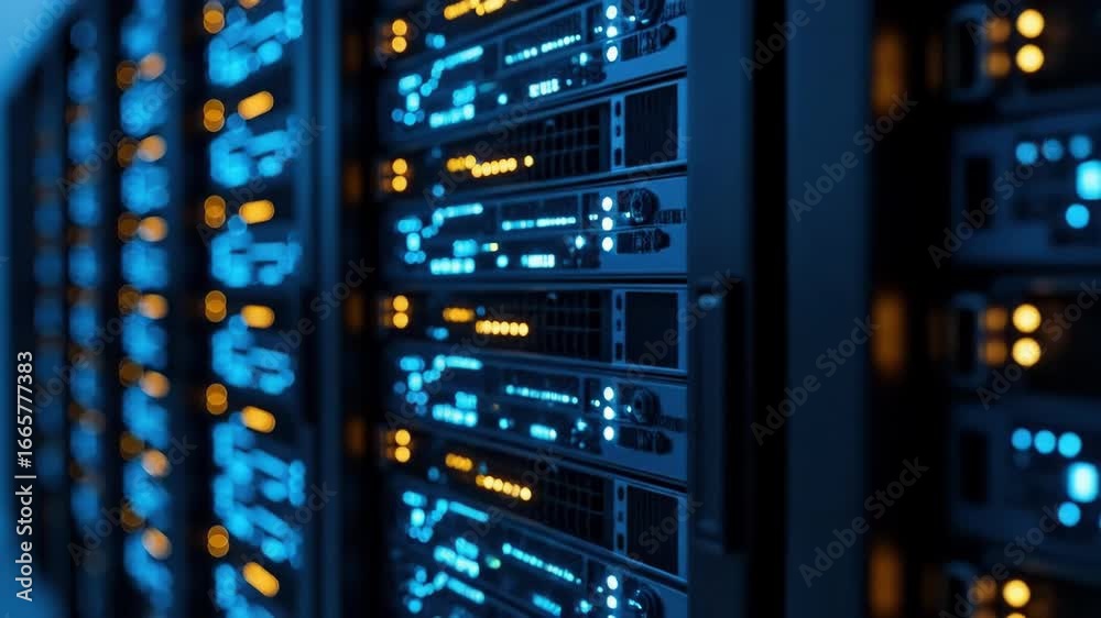 Rows of illuminated servers glow blue showcasing complex data processing systems Digital infrastructure and technological advancement Powerful computing in a modern data center environment