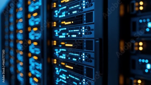 Rows of illuminated servers glow blue showcasing complex data processing systems Digital infrastructure and technological advancement Powerful computing in a modern data center environment
