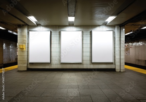 Ground-level view of three vertical billboard mockups on subway walls