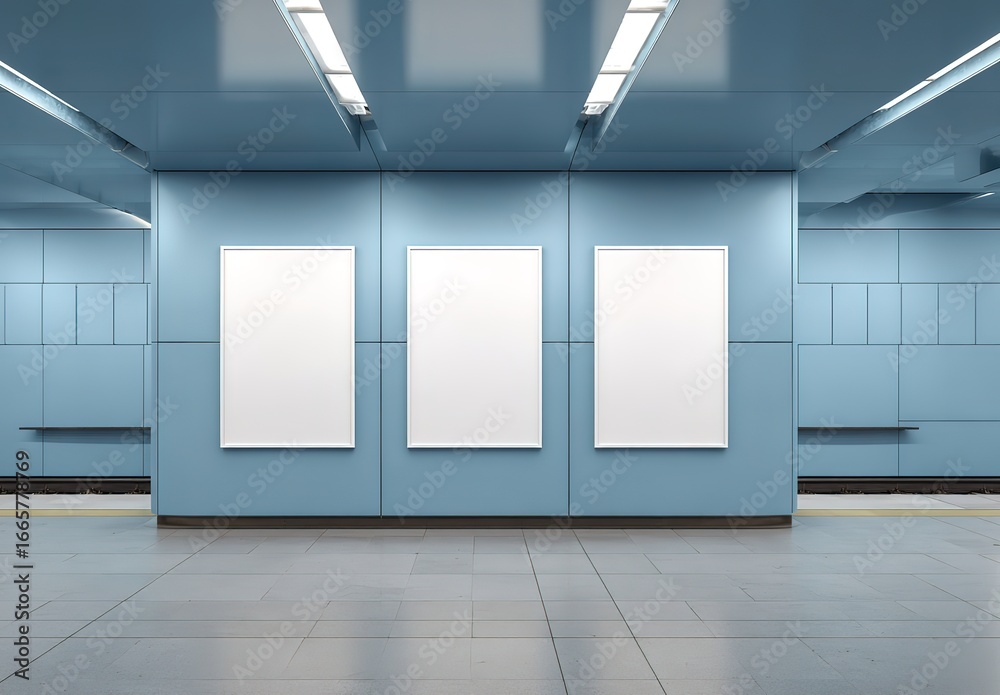 Obraz premium pure blue subway wall with three vertical posters mockups on it, with white empty space