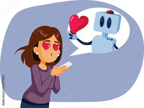 Delusional Woman in Love with AI Chat-bot Vector Cartoon. Surprised girlfriend talking to ai boyfriend being delusional  
