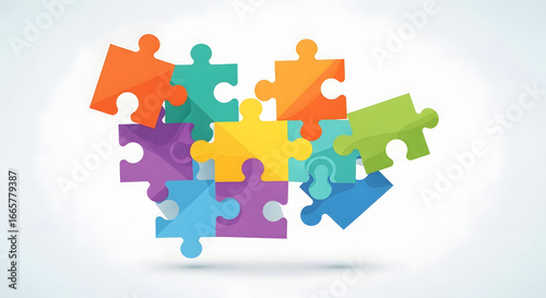 Creative flat illustration of abstract colorful puzzle pieces symbolizing teamwork, solutions, and strategy on a light background