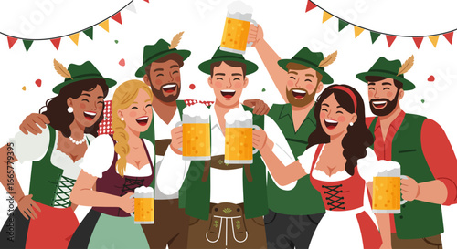 A cheerful Flat Design illustration depicting a diverse group of friends toasting with beer steins, embodying the communal joy of Oktoberfest. It captures the spirit of celebration and friendship.