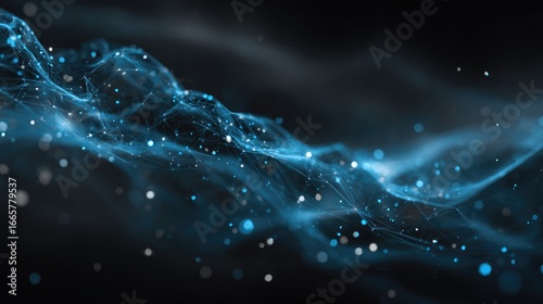 Abstract digital landscape of swirling, interconnected particles
