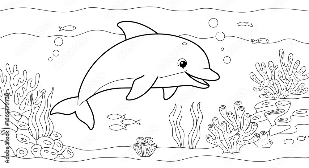 Fototapeta premium Playful Dolphin Coloring Page with Coral Reef and Bubbles in the Ocean