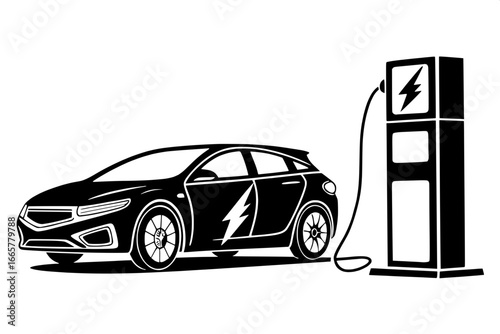 Minimal EV Charging Scene – Black car silhouette in left profile with a large lightning bolt across its side. Tall rectangular charging station silhouette on the right, joined by a visible cable. No b
