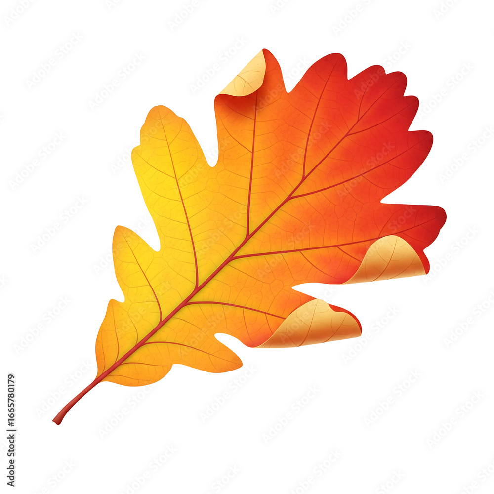 Fototapeta premium Autumn oak leaf with vibrant red and yellow colors isolated on transparent background