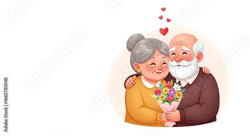Elderly Couple Embracing, Holding Colorful Flower Bouquet, Happy Expression
