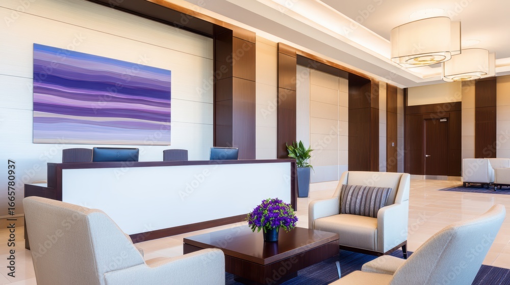 Fototapeta premium Modern hotel lobby featuring sleek furniture, vibrant artwork, and a welcoming atmosphere