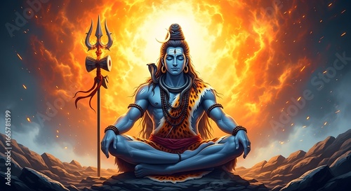 Lord shiva meditating in a powerful fiery aura, embodying divine power and spiritual enlightenment amidst a serene mountain landscape