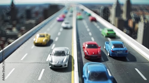 Wallpaper Mural Miniature cars drive along an elevated highway past blurred city buildings Torontodigital.ca