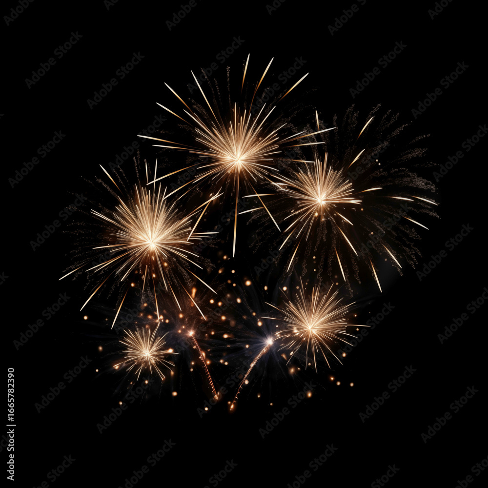 Fototapeta premium Gold Spark Firework Texture Radiant Pattern, Isolated on Black, Vibrant Fireworks Texture Burst on Black Night Sky, Dynamic Starburst Firework Texture for Party, Festival, and Celebration Backdrops