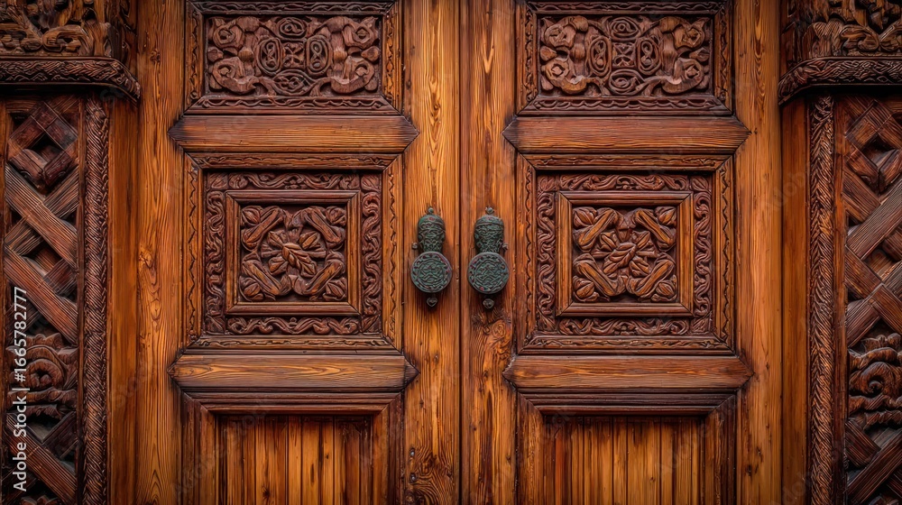 Ornate wooden double doors with intricate carvings