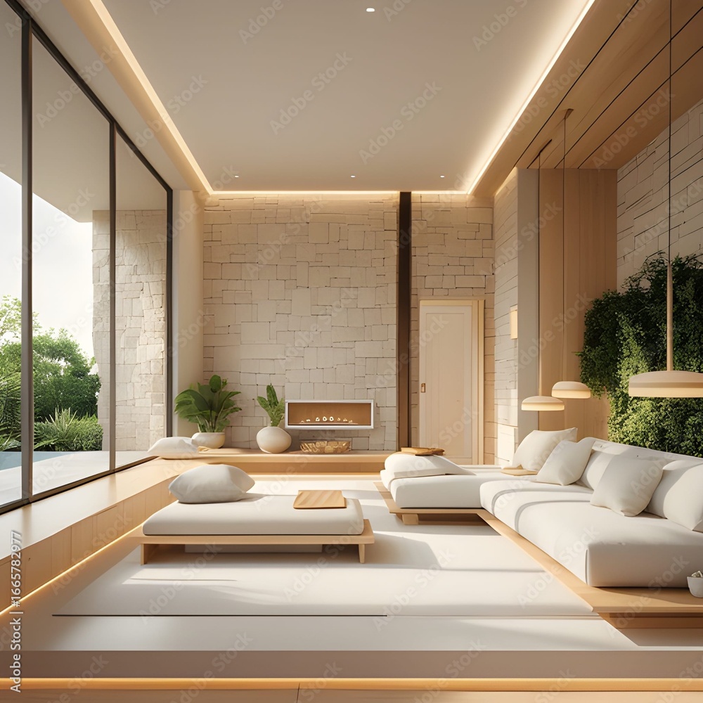 Fototapeta premium AI Generative. Bright Industrial-Style Living Room with Stone Walls. 3