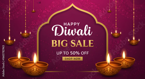 Diwali Big Sale Banner with Diyas Festive promotional banner with glowing diyas and Diwali sale text