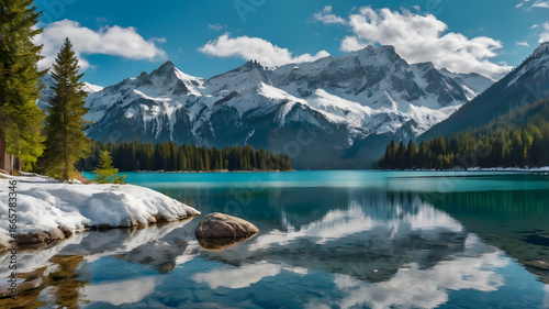 Turquoise Lake with Snow-Capped Mountains and Reflections