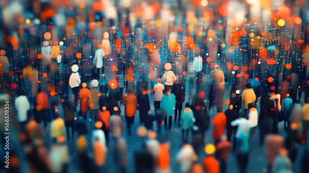 Fototapeta premium Abstract View of a Blurred Crowd with Glowing Particles, Symbolizing Big Data, Urban Life, and the Interconnectedness of Social Networks.