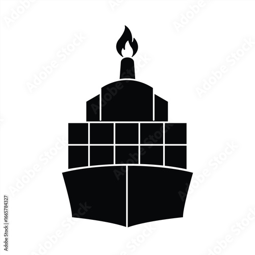Solid black silhouette of a cargo ship, isolated on a white background for marine transportation websites, shipping industry blogs, and shipping logistics. vector illustration
