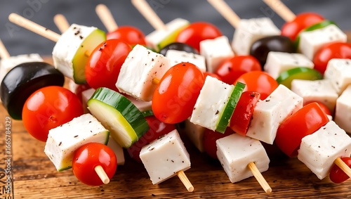 Greek salad skewers with olive, tomato, cucumber, and feta cubes